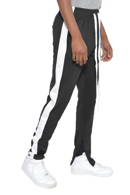 Track Pants in Black and White Strips on Each Panel