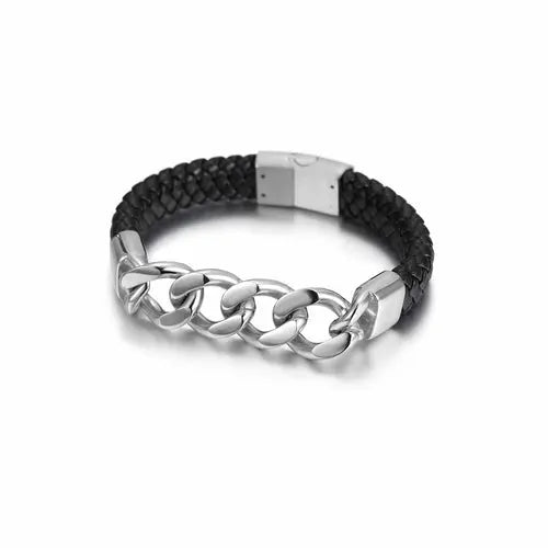 CUBAN LINK LEATHER BRACELET Silver My Store