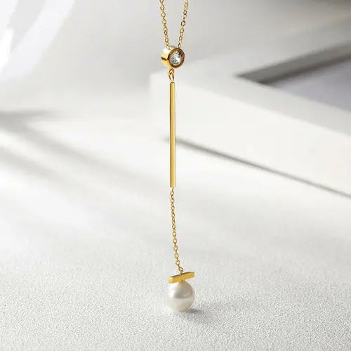 Pearl with Bar Pendant Drop Necklace    My Store