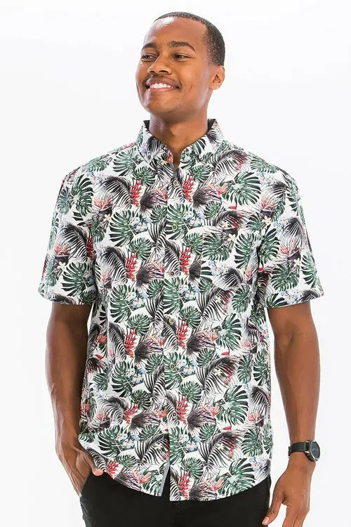 Green Hawaiian Print Button Up Shirt    My Store