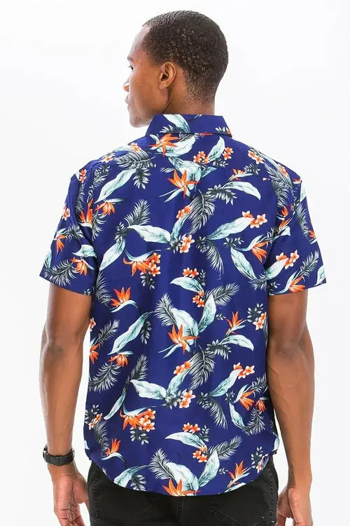 Blue Hawaiian Print Button Up Shirt My Store